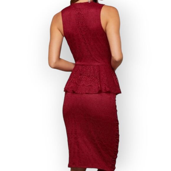 Bebe Slinky Lace Peplum Zipper Ruched Dress Plunging Neckline Size Small - Picture 2 of 6